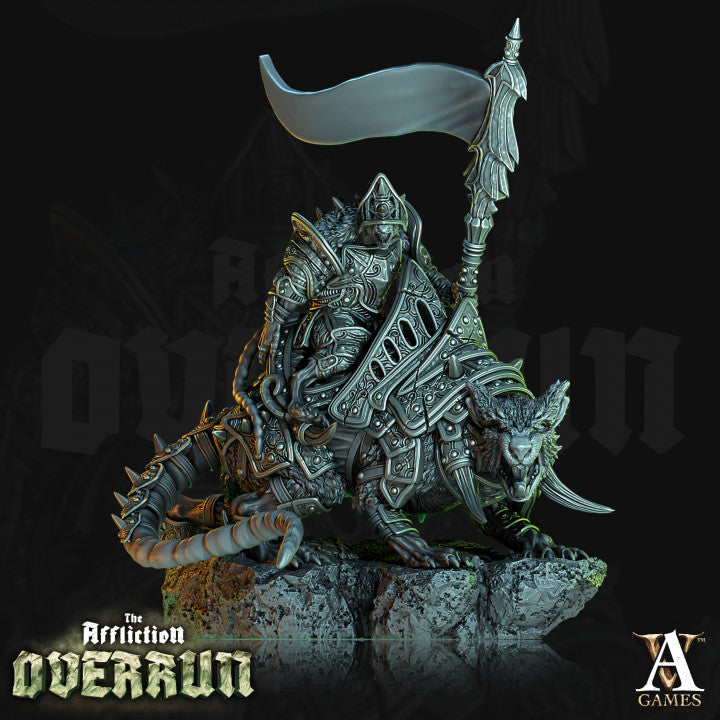  A Dire Rat Rider holds a banner high, clad in ornate armor, mounted on a ferocious giant rat. The base depicts a rocky terrain, perfect for use in fantasy TTRPGs like Dungeons and Dragons and Pathfinder.