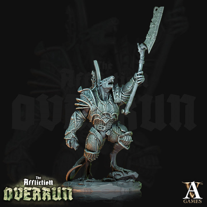 A fierce ratfolk warrior in spiked armor, raising a large cleaver above his head, standing on a rocky base.