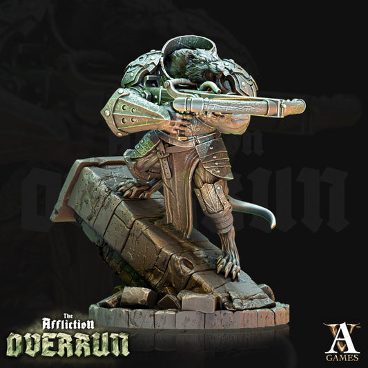 Rat warrior gripping a crossbow, leaning forward behind a broken pillar, preparing for an attack.