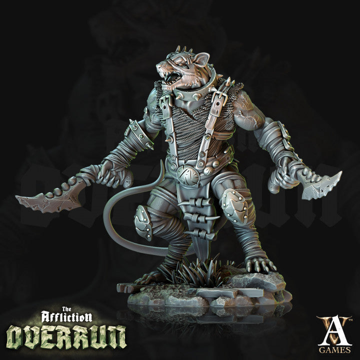 Rat Reaver wielding dual curved daggers, standing ready for swift and lethal combat in dark fantasy TTRPGs.