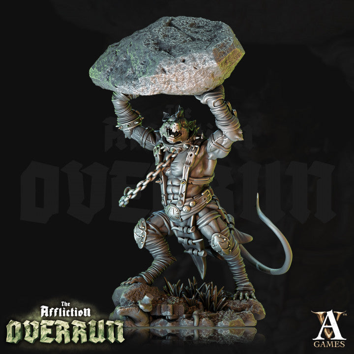 Rat Reaver lifting a massive rock overhead, adorned with chains and spiked armor, a brute force character ideal for dark fantasy games.