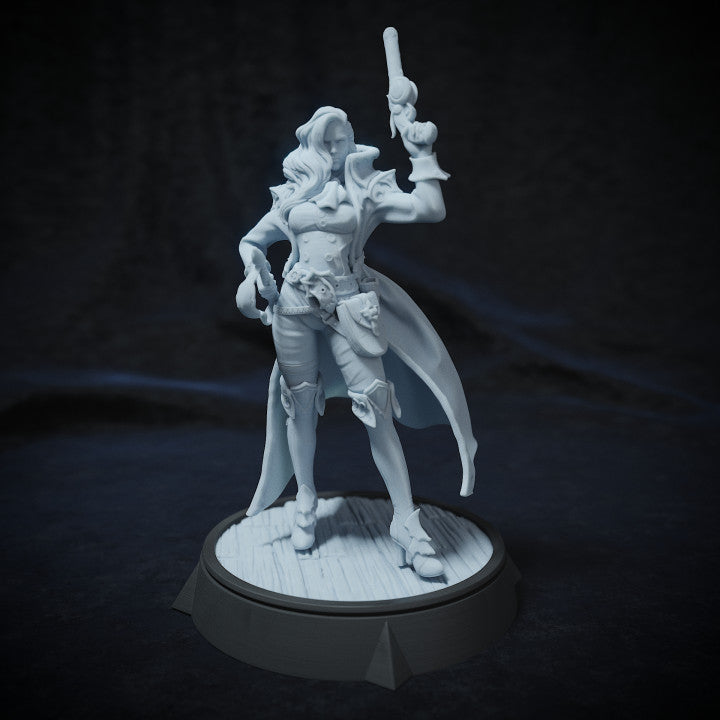 Alana Petter, human female gunslinger miniature, striking a confident pose with revolver raised.