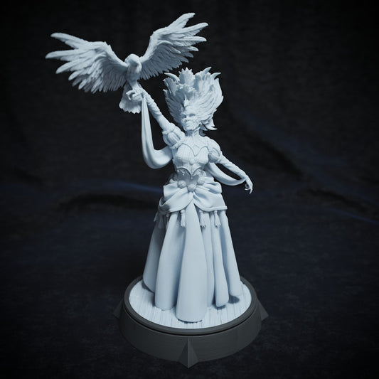 A dramatic sorceress named Alice Solomon, wearing an elaborate gown and a bird-like mask, holding a staff topped with an eagle, ready to bring mystical elegance to the tabletop.