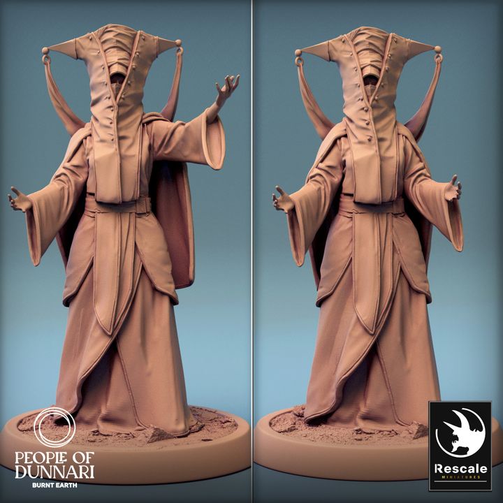 Amina Sahars, TTRPG miniature in a dramatic pose, with flowing robes and ornate headgear.