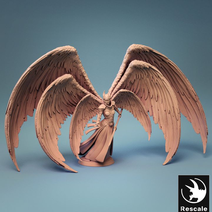 A detailed 3D print of a Seraphin, depicted as an armored figure with six large, feathered wings. The wings are spread wide, showcasing intricate feather details. This miniature is perfect for tabletop RPGs like Dungeons & Dragons, Pathfinder, and Warhammer.