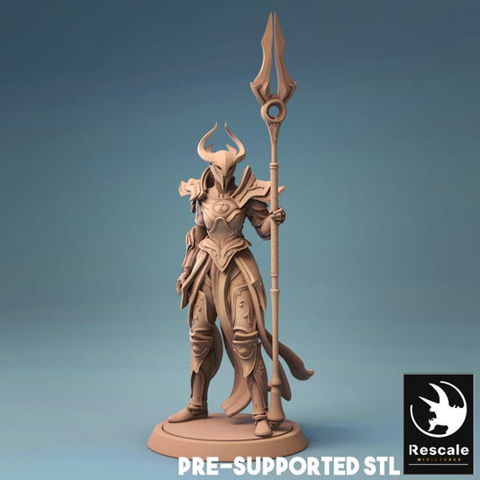 A formidable miniature of a Celestial Guardian, standing tall in ornate armor with a helmet featuring curved horns. The figure wields a long, elegant spear, exuding an aura of protection and authority. The intricate details of the armor and weapon make this guardian a striking figure for any collection or tabletop game.