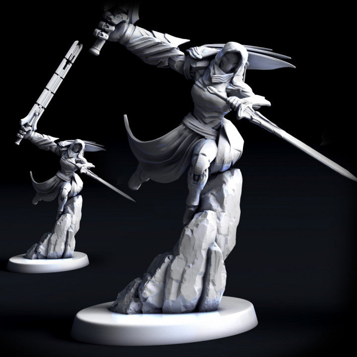 Argent Defender Pose 1 lunging forward from a jagged rock, wielding a greatsword and energy rifle. Features layered armor and a tattered cloak.