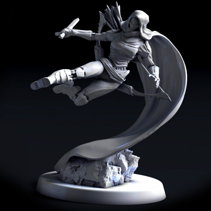 Argent Defender Pose 2 in a dynamic kick pose, bow drawn mid-air with trailing cape. Set atop a rocky ledge, balanced for movement.