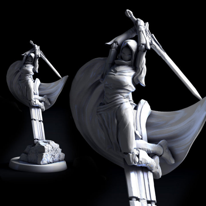 Argent Defender Pose 3 shown diving downward with both hands on a raised sword, cape trailing behind. Mounted on a crumbling tech pillar.