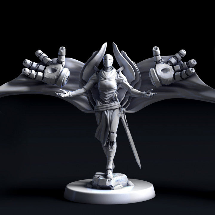 Argent Defender Pose 4 standing with arms extended and mechanical gauntlets behind her. Cloak unfurls in a semi-circle and a sword rests at her side.
