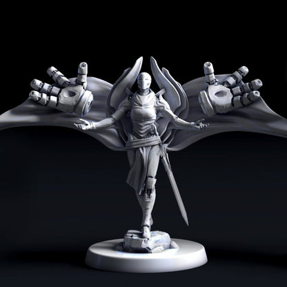 Argent Defender Pose 4 standing with arms extended and mechanical gauntlets behind her. Cloak unfurls in a semi-circle and a sword rests at her side.