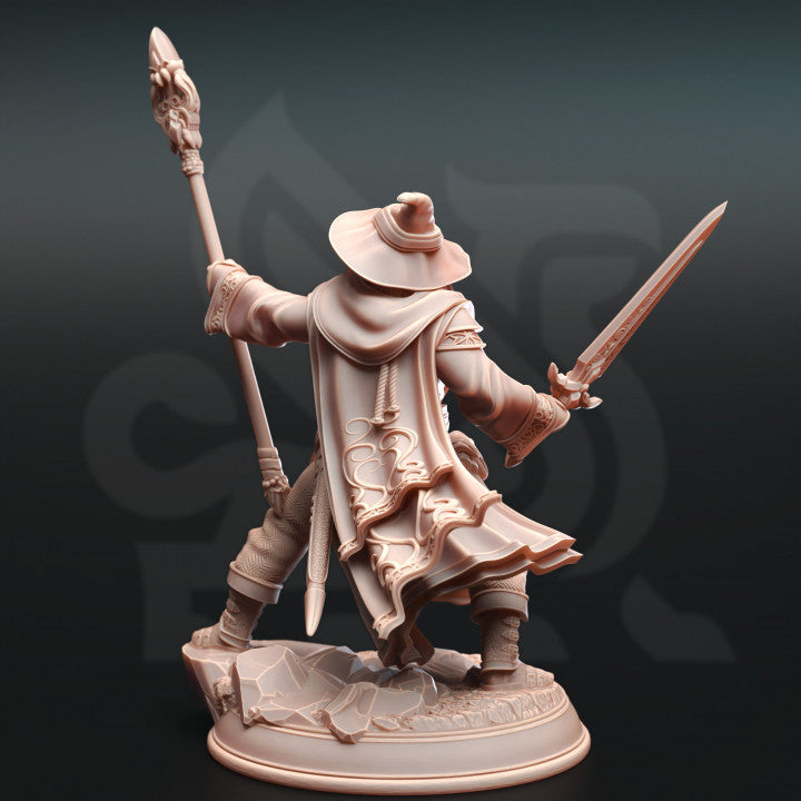 3D Printed Wizard Miniature of Artemis of Canos for D&D, Age of Sigmar, Frostgrave, and Pathfinder; detailed with robe and staff.