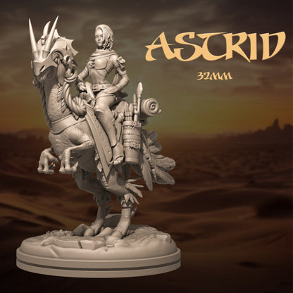 Astrid, a female warrior, mounted on a large, feathered raptor-like creature. The figure shows detailed gear and armor, with a dynamic pose capturing a journey through a rugged landscape.