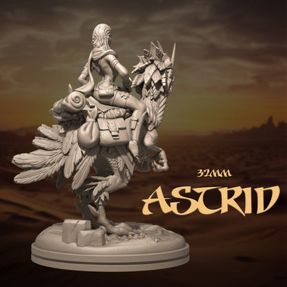 Astrid, a female warrior, in full armor, riding a feathered raptor-like mount. The miniature is posed in a ready stance, showcasing intricate details of her armor and equipment, ideal for fantasy settings.