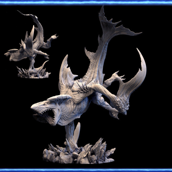 Atlas Shredder miniature in an action pose with its limbs extended and jaws open, standing on a detailed rocky base.