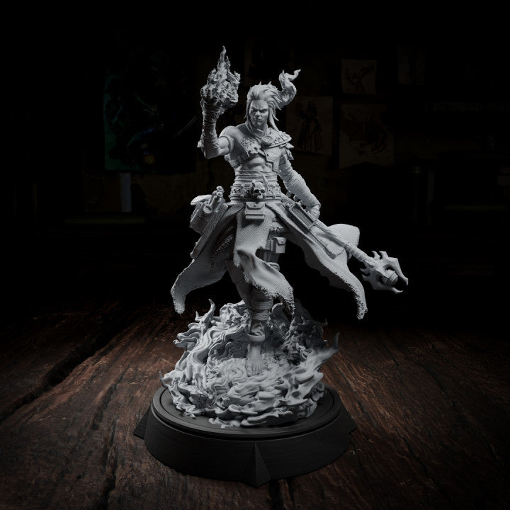 Miniature of Azael Vatra, an elf wizard casting a fireball while standing amidst magical flames, giving a whole new meaning to "feeling the heat."