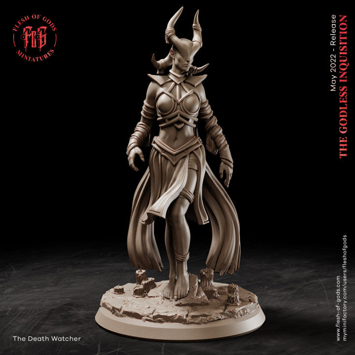 The Death Watcher miniature, featuring a dark armored figure with flowing robes and a sinister presence, perfect for tabletop RPGs.