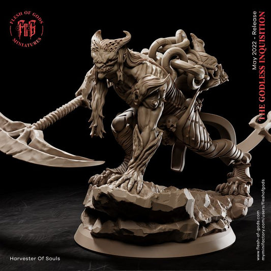 A monstrous creature with twisted horns and muscular limbs crouches menacingly on a rocky base. Equipped with a massive scythe-like weapon and adorned with skulls and bones, the Harvester of Souls embodies terror and dread. Its grotesque form and sinister presence make it a formidable foe in any dark fantasy setting.