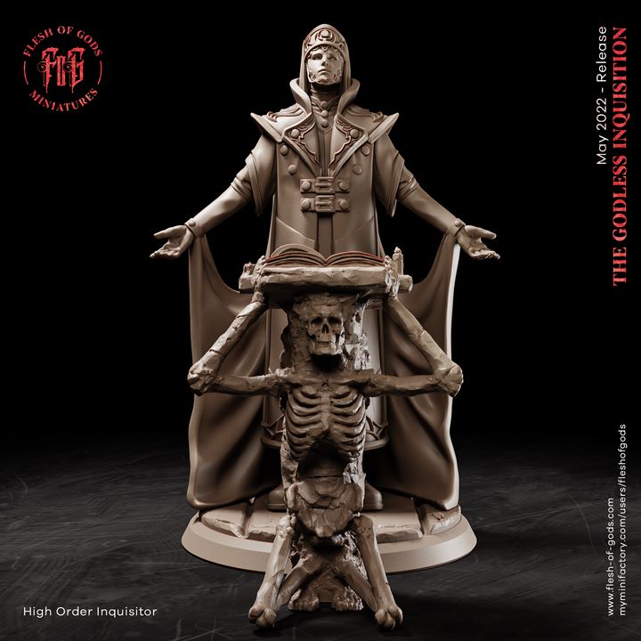 High Order Inquisitor miniature showcasing a robed figure with skeletal pedestal holding a tome