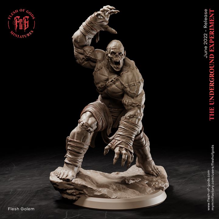 Flesh Golem miniature with a dynamic pose, showcasing muscular features and bandaged limbs, perfect for dark fantasy TTRPGs like Dungeons & Dragons.