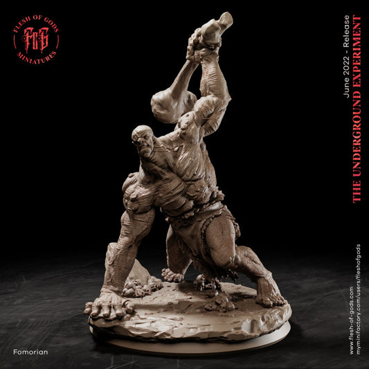 Fomorian, a twisted and deformed giant wielding a massive bone club, depicted in a detailed miniature for dark fantasy tabletop RPGs.