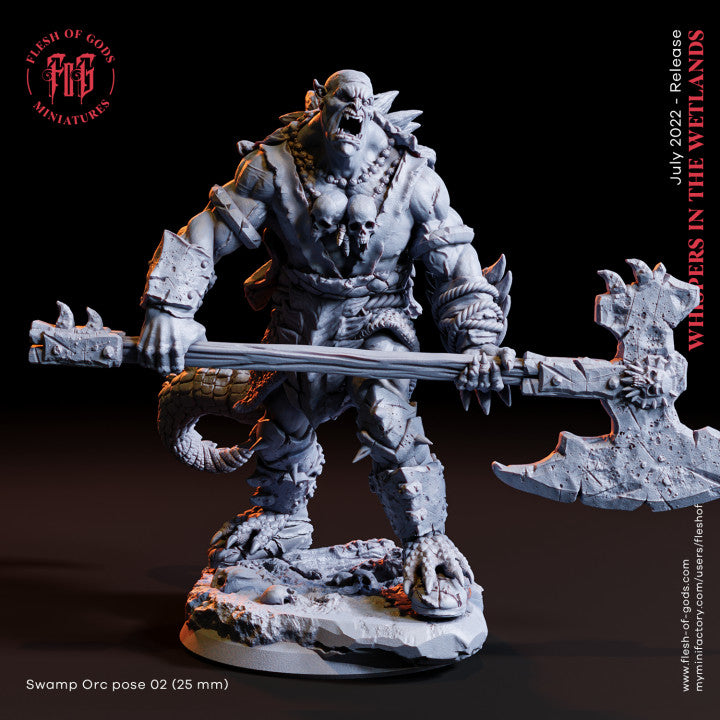 Swamp Orc, a fierce orc wielding a massive jagged axe, adorned with skulls and battle scars, depicted in a detailed miniature for tabletop RPGs.