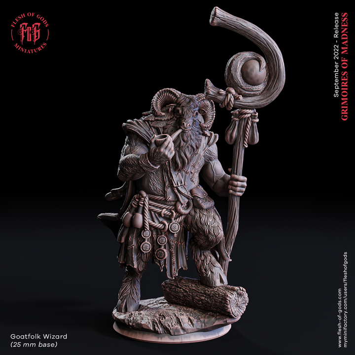 Goatfolk wizard miniature with twisted horns, holding a gnarled staff. Dressed in a robe with pouches and mystical symbols, standing on a rocky base. Suitable for fantasy tabletop RPGs like D&D or Pathfinder.