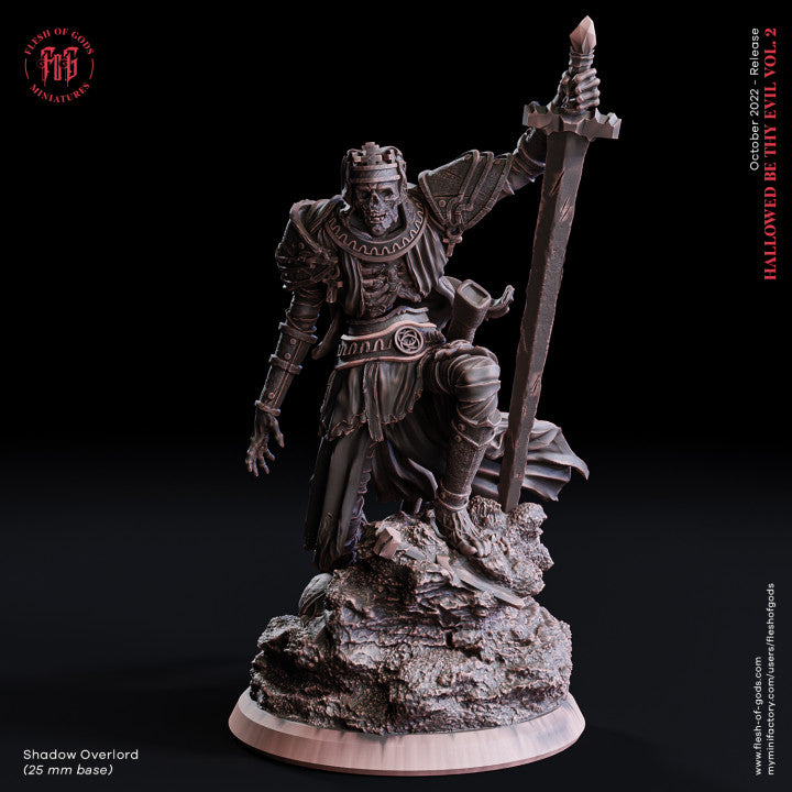 Shadow Overlord, an undead king wielding a massive sword and clad in ancient armor, standing atop rocky terrain, depicted in a detailed miniature for dark fantasy tabletop RPGs.