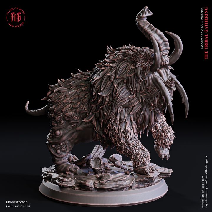 Nevostodon miniature depicted as a mastodon-like creature with thick fur, layered tusks, and rugged armored skin, standing on rocky terrain. Ideal for fantasy tabletop RPG settings.