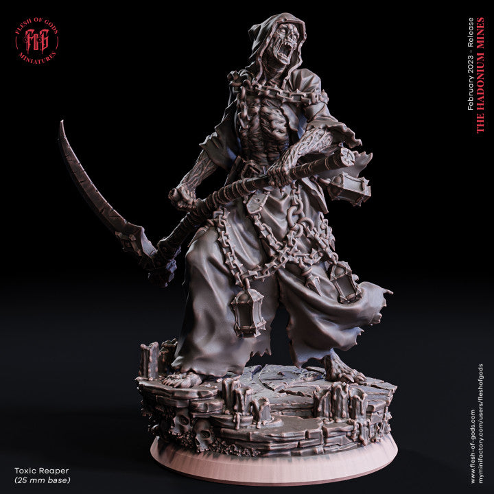 Toxic Reaper, a skeletal undead figure draped in chains and wielding a scythe, standing atop a corrupted, skull-filled terrain, depicted in a detailed miniature for dark fantasy tabletop RPGs.