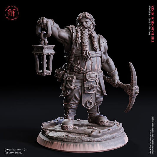 Miniature of a Dwarven Miner with a braided beard, holding a lantern in one hand and a pickaxe in the other, dressed in miner's attire. Suitable for tabletop RPGs like D&D and Pathfinder.