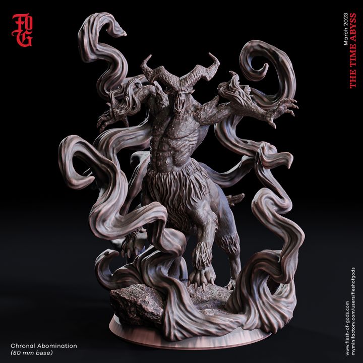 Chronal Abomination miniature with twisted horns and swirling energy effects, standing on a rocky base. Suitable for dark fantasy TTRPGs like Dungeons & Dragons.