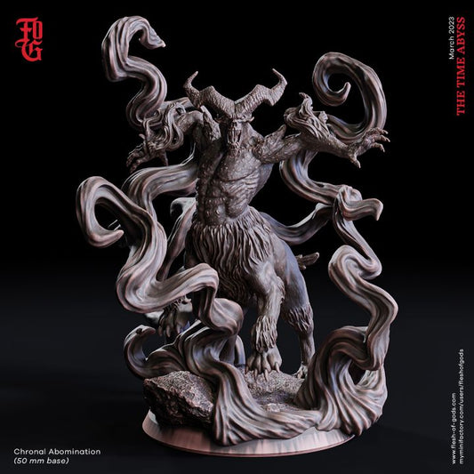 Chronal Abomination miniature with twisted horns and swirling energy effects, standing on a rocky base. Suitable for dark fantasy TTRPGs like Dungeons & Dragons.