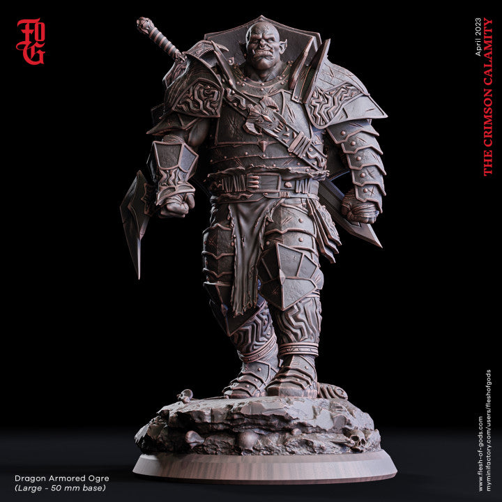 Dragon Armored Ogre, a large ogre clad in dragon-themed armor and wielding massive weapons, depicted in a detailed miniature for tabletop RPGs.