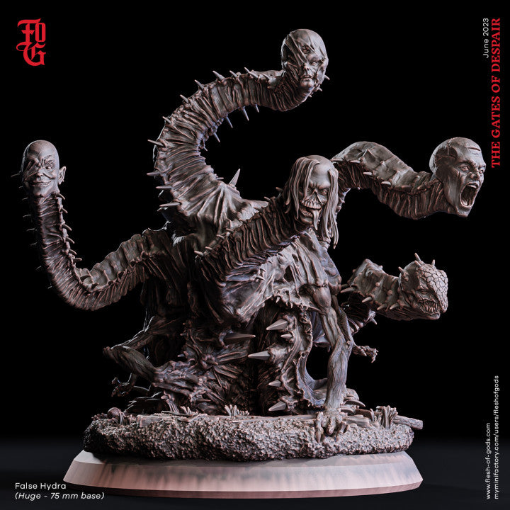 False Hydra miniature with multiple elongated necks and human-like faces, standing on a 75mm base with a rocky texture.