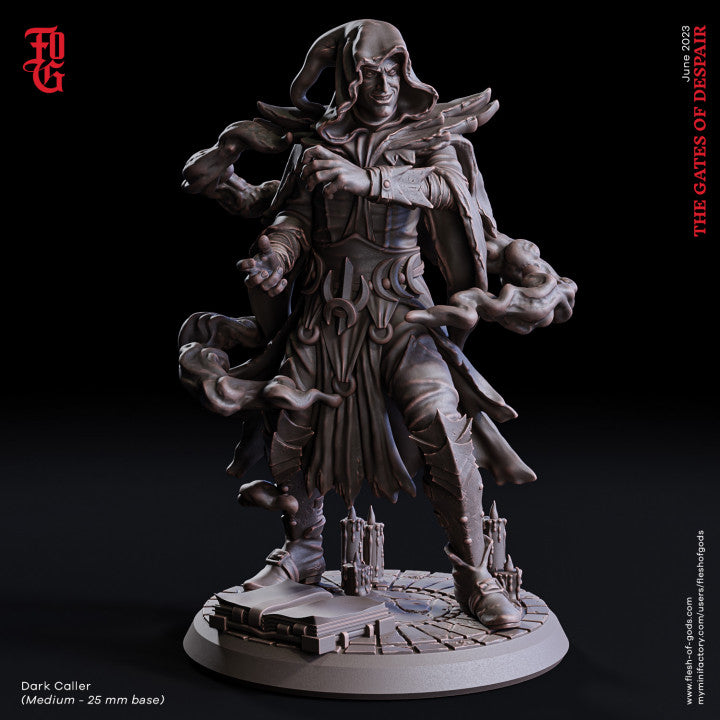 The Dark Caller miniature, featuring a cloaked figure wielding dark magic with a sinister expression, ideal for tabletop RPGs.