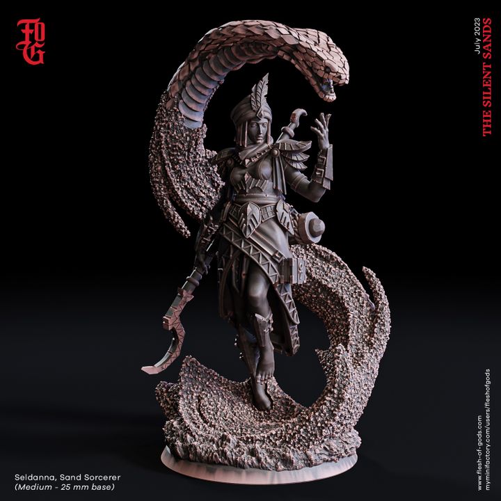 Miniature of Seldanna, Sand Sorcerer, wearing layered armor with a feathered helm, holding a staff while summoning a coiling sand serpent. Ideal for fantasy tabletop RPGs like D&D or Pathfinder.