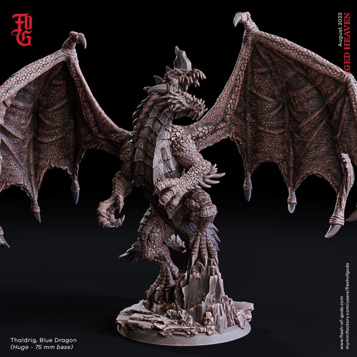 Thaldrig, Blue Dragon miniature depicted as a towering dragon with expansive wings, detailed scales, and a commanding pose atop a rocky terrain. Ideal for fantasy tabletop RPG settings.