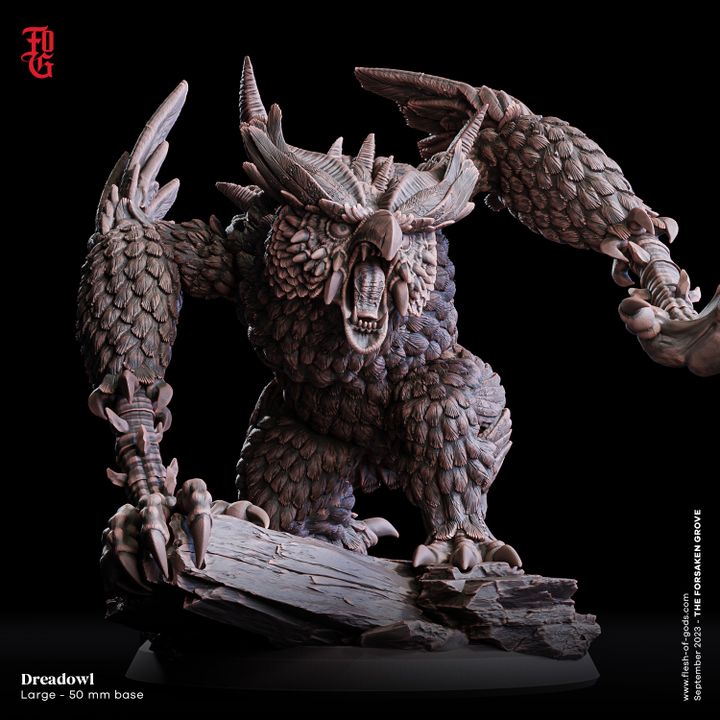 Owlbear miniature named Dreadowl, showcasing a hybrid of bear and owl traits with feathered limbs, sharp talons, and a menacing pose atop rugged forest terrain.