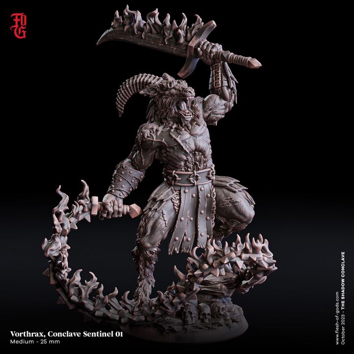 A highly detailed miniature of Vorthras, a Bulezau, known as Conclave Sentinel. The figure features a demonic creature with ram-like horns wielding a flaming sword, posed in a fearsome stance