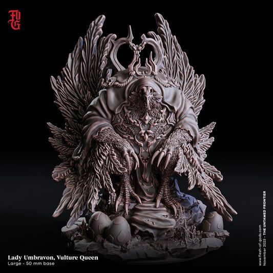 Lady Umbravon, Vulture Queen miniature depicting a regal, avian figure with large feathered wings, and clawed talons surrounded by cracked eggs and ominous terrain.