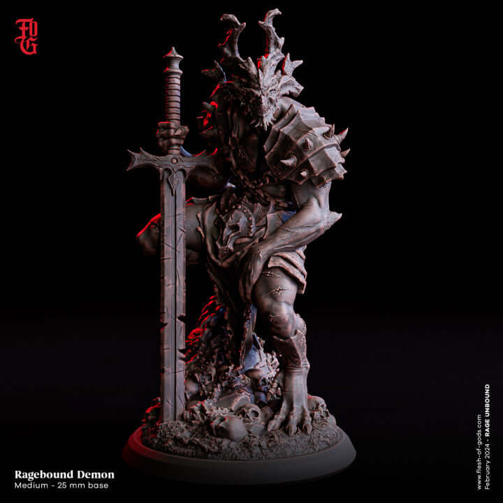 Ragebound Demon miniature in full plate armor with sword on hill of skulls, ideal for D&D, Warhammer, Pathfinder, Frostgrave, Age of Sigmar, Call of Cthulhu.