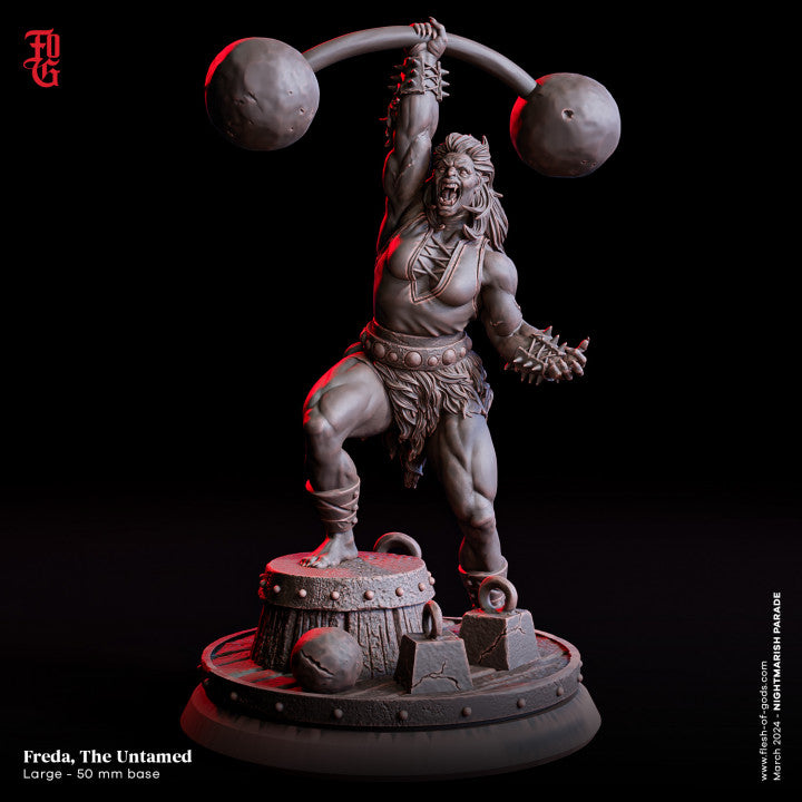 Female orc circus performer holding a heavy barbell over her head, showcasing strength and athleticism