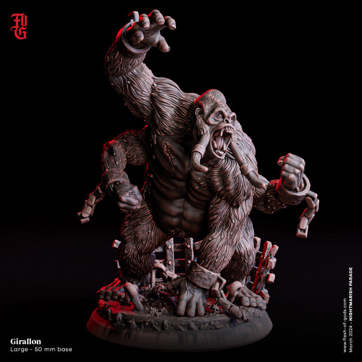 Girallon, a four-armed beast breaking free from chains, depicted in a detailed miniature for dark fantasy tabletop RPGs.