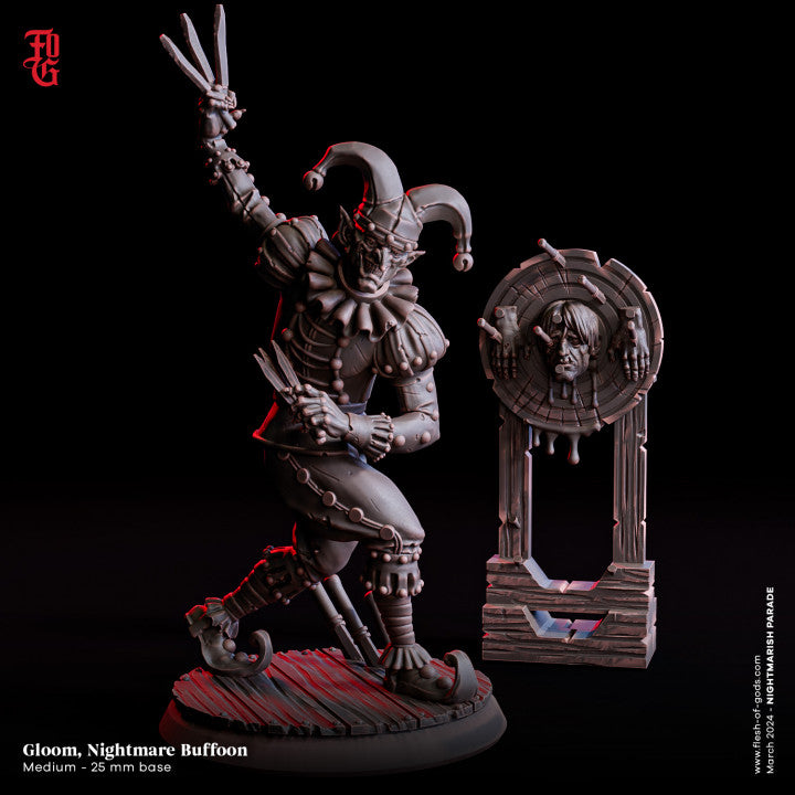 A slender clown wielding throwing daggers stands amidst a gruesome target with severed hands and head attached, exuding a sense of menace and danger.