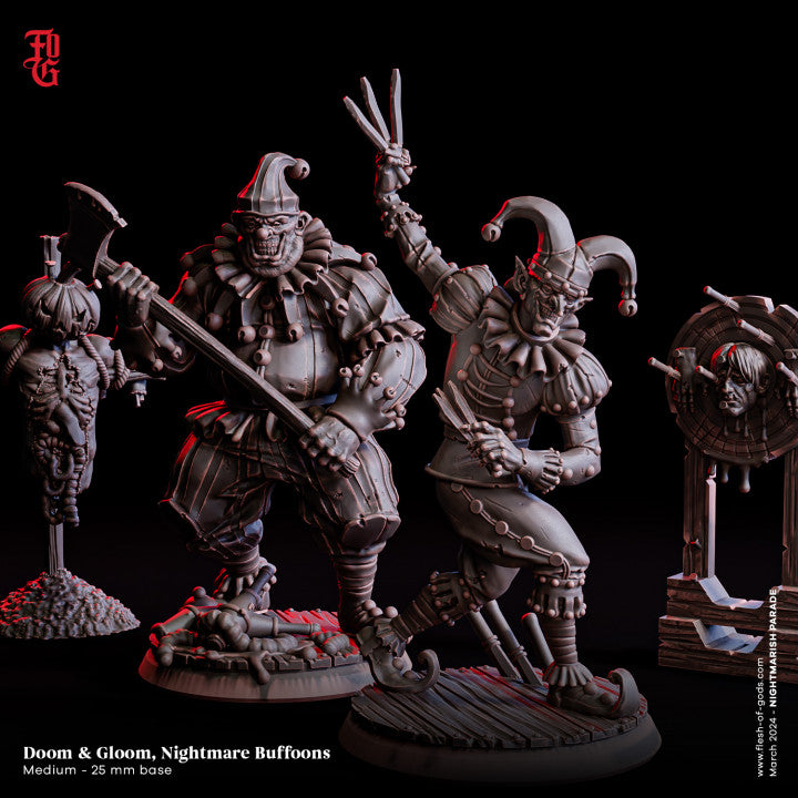 Two terrifying clowns, part of the Doom & Gloom Nightmare Buffoons miniatures, stand together in a twisted carnival setting, evoking a sense of horror and unease