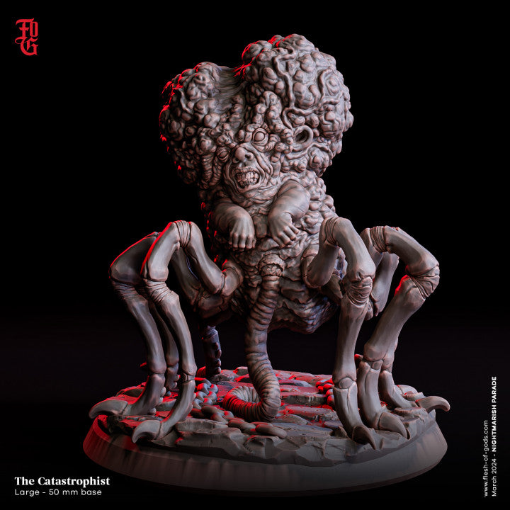 The Catastrophist miniature, a grotesque creature with a bloated, malformed human head and large spider-like legs, perfect for adding horror to D&D, Pathfinder, or Warhammer games.