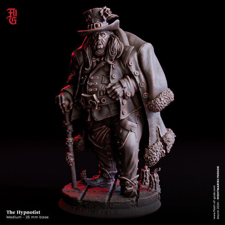 The Hypnotist miniature, wearing a long coat with ornate buttons and a tall hat, holding a staff, perfect for adding an unsettling atmosphere to D&D, Pathfinder, or Warhammer games.