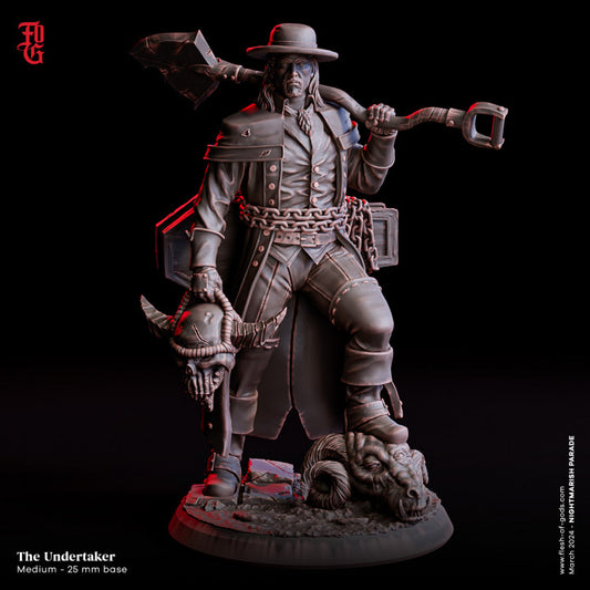 The Undertaker miniature, dressed in a trench coat and wide-brimmed hat, holding a large shovel over his shoulder and a severed head in one hand, ideal for adding a grim presence to D&D, Pathfinder, or Warhammer games.