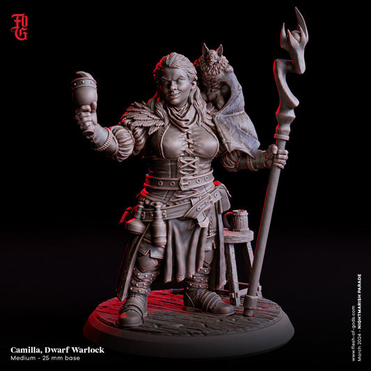 Camilla, a Dwarf Warlock, holding a staff and a goblet with a bat perched on her shoulder, depicted in a detailed miniature for tabletop RPGs.